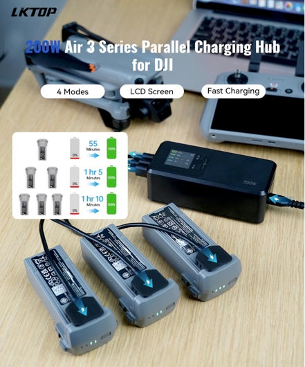 200W Air 3/Air 3S Parallel Charging Hub Fast Battey Charger Kit for DJI/Specta Air3 Series Drone Accessories, with Storage/Silent/Output Mode, LCD Screen Display (Charge 3 Batteries: 1hr 10min)