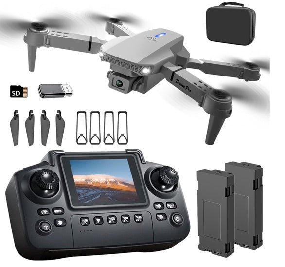 Elecci E88 Drone with Screen Controller with SD card, Foldable Mini Drone for Beginners, 2 Batteries, 360° Flips Waypoint Fly, Active Obstacle Avoidance, One Key Take Off/Landing. (2 batteries)