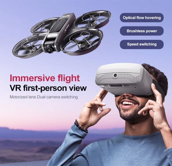 APIZCUK X226 VR FPV Drone with VR Goggles, One Key Takeoff/Landing, APP Control, Brushless Motor, Dual Batteries, Beginner-Friendly Quadcopter with Propeller Guards, Optical Flow Positioning, Dual Cameras & LED Night Lights, a first-person view