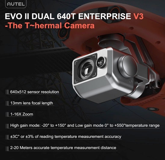 Autel Robotics EVO II Dual 640T Enterprise V3, Support Remote ID, 640 * 512@30 fps Thermal Imaging, 0.8" RYYB CMOS 8K Sensor, DRI Ranges, 1-16x Zoom, 42 Mins,15KM Transmission