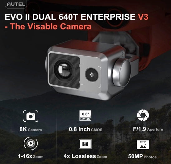 Autel Robotics EVO II Dual 640T Enterprise V3, Support Remote ID, 640 * 512@30 fps Thermal Imaging, 0.8" RYYB CMOS 8K Sensor, DRI Ranges, 1-16x Zoom, 42 Mins,15KM Transmission