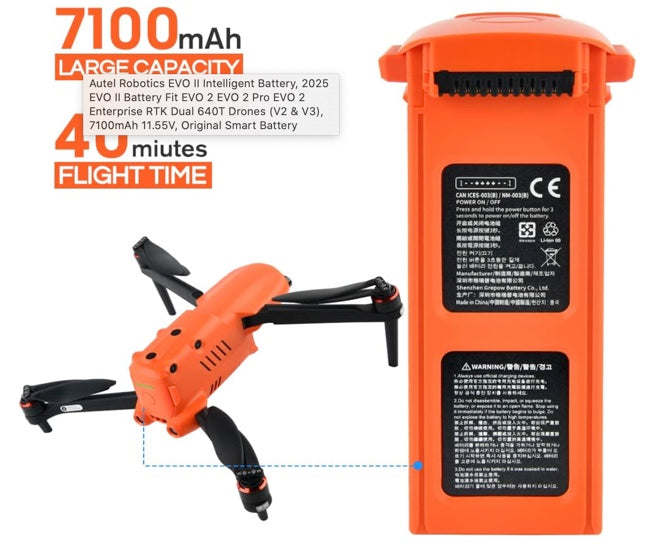Autel Robotics EVO II Intelligent Battery, 2025 EVO II Battery Fit EVO 2 EVO 2 Pro EVO 2 Enterprise RTK Dual 640T Drones (V2 & V3), 7100mAh 11.55V, Original Smart Battery