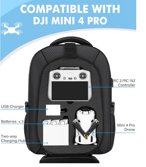 Mini 4 Pro Case, Waterproof Hard Carrying Case, Large Drone Bag Fits 15.6 Inch Laptop, Travel Backpack Compatible with DJI Mini 4 Pro, RC 2/ RC-N2 Controller, Fly More Combo and Accessories