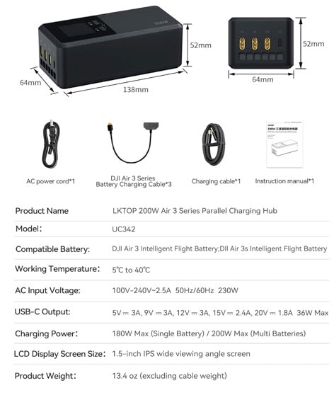 200W Air 3/Air 3S Parallel Charging Hub Fast Battey Charger Kit for DJI/Specta Air3 Series Drone Accessories, with Storage/Silent/Output Mode, LCD Screen Display (Charge 3 Batteries: 1hr 10min)