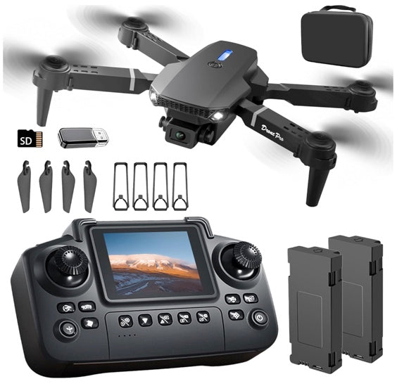 Elecci E88 Drone with Screen Controller with SD card, Foldable Mini Drone for Beginners, 2 Batteries, 360° Flips Waypoint Fly, Active Obstacle Avoidance, One Key Take Off/Landing. (2 batteries)