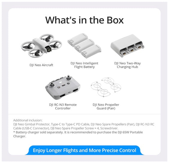 DJI Neo Fly More Combo, Mini Drone with 4K UHD Camera for Adults, 135g Self Flying Drone that Follows You, Palm Takeoff, Subject Tracking, QuickShots, Stabilized Video, with RC-N3 and 3 Batteries