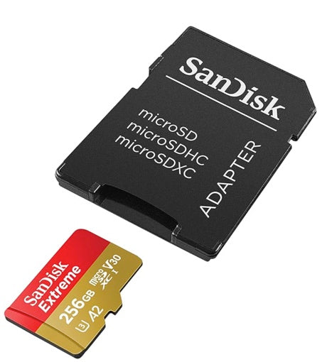 SanDisk Extreme microSDXC UHS-I Memory Card with Adapter - Up to 190MB/s, C10, U3, V30, 4K, 5K, A2, Micro SD Card - SDSQXAV-256G-GN6MA