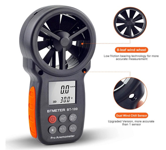 BTMETER BT-100 Handheld Anemometer, Digital Wind Speed CFM Meter Gauge Air Flow Velocity Tester for HVAC Shooting Drone, Wind Chill, 14℉-113℉ Wind Temperature