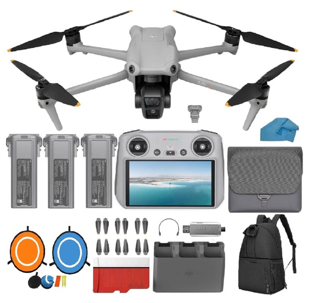 DJI Air 3 Drone with DJI RC 2 Screen Remote with 4K HDR, 46-Min Max Flight Time, 48MP Bundle with 128 GB Micro SD Card, 3.0 USB Card Reader, Waterproof Backpack