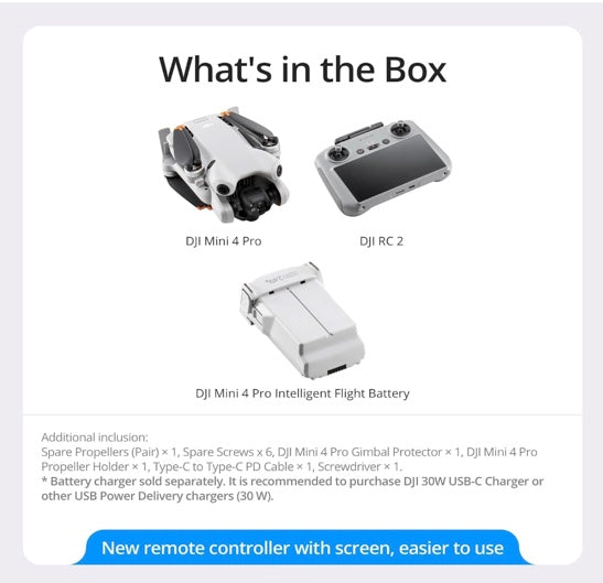 DJI Mini 4 Pro Folding Drone with RC 2 Remote (With Screen) 4K HDR Video Camera for Adults, Under 249g, 34 Mins Flight Time, Omnidirectional Vision Sensing Bundle with Deco Gear Accessories