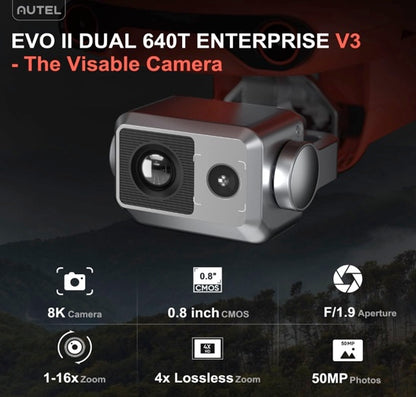 Autel Robotics EVO II Dual 640T Enterprise V3, Support Remote ID, 640 * 512@30 fps Thermal Imaging, 0.8" RYYB CMOS 8K Sensor, DRI Ranges, 1-16x Zoom, 42 Mins,15KM Transmission