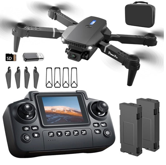 Elecci E88 Drone with Screen Controller with SD card, Foldable Mini Drone for Beginners, 2 Batteries, 360° Flips Waypoint Fly, Active Obstacle Avoidance, One Key Take Off/Landing. (2 batteries)