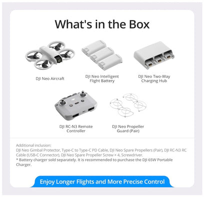 DJI Neo Fly More Combo, Mini Drone with 4K UHD Camera for Adults, 135g Self Flying Drone that Follows You, Palm Takeoff, Subject Tracking, QuickShots, Stabilized Video, with RC-N3 and 3 Batteries