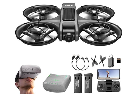APIZCUK X226 VR FPV Drone with VR Goggles, One Key Takeoff/Landing, APP Control, Brushless Motor, Dual Batteries, Beginner-Friendly Quadcopter with Propeller Guards, Optical Flow Positioning, Dual Cameras & LED Night Lights, a first-person view