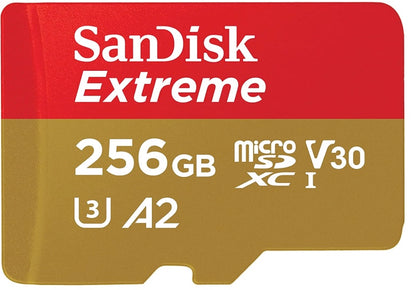SanDisk Extreme microSDXC UHS-I Memory Card with Adapter - Up to 190MB/s, C10, U3, V30, 4K, 5K, A2, Micro SD Card - SDSQXAV-256G-GN6MA