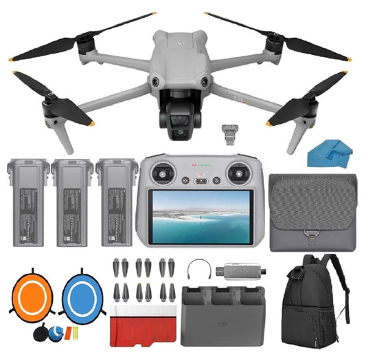 DJI Air 3 Drone with DJI RC 2 Screen Remote with 4K HDR, 46-Min Max Flight Time, 48MP Bundle with 128 GB Micro SD Card, 3.0 USB Card Reader, Waterproof Backpack